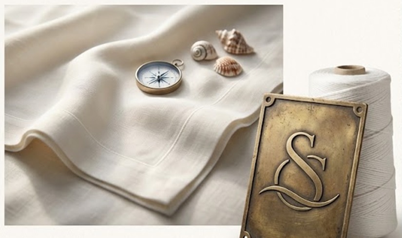 Salt and Silk linen with shells, compass and brass hallmark